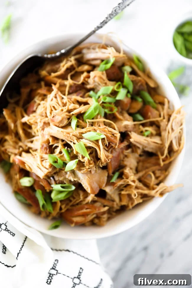 Close up overhead shot of honey garlic chicken in a bowl with chopped green onion sprinkled on top. Serving spoon is dug into bowl. 