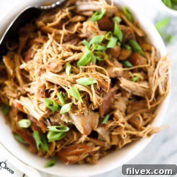 Close up overhead shot of honey garlic chicken in a bowl with chopped green onion sprinkled on top. Serving spoon is dug into bowl. 