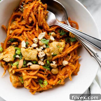 A delicious bowl of homemade Sweet Potato Chicken Pad Thai.