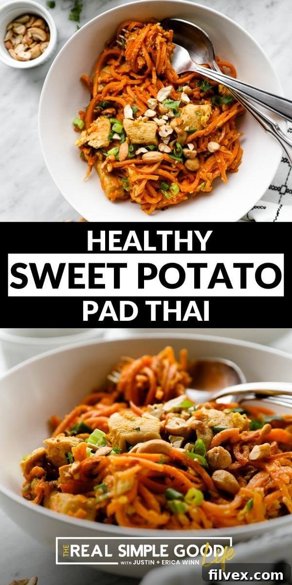 A beautifully presented bowl of Sweet Potato Chicken Pad Thai, showcasing the colorful ingredients and inviting texture, ready for a healthy meal. 