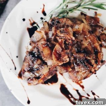 Instant Pot Boneless Pork Chops with Apples & Balsamic, presented beautifully in a square format. This image highlights the inviting texture and color of the dish, emphasizing its appeal as a Paleo and Whole30 compliant meal.