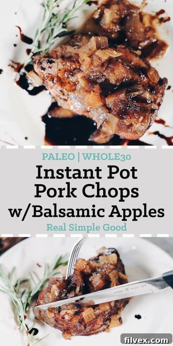 A delicious single serving of Instant Pot boneless pork chops with apple balsamic topping, garnished with fresh parsley, ready to be enjoyed. The presentation highlights the tenderness of the pork and the flavorful sauce, appealing to those searching for easy and healthy weeknight meals.