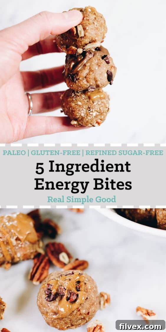 A tall stack of Pecan Date Energy Bites, emphasizing their appealing presentation and snackability. Ideal for Paleo, gluten-free, and dairy-free diets.