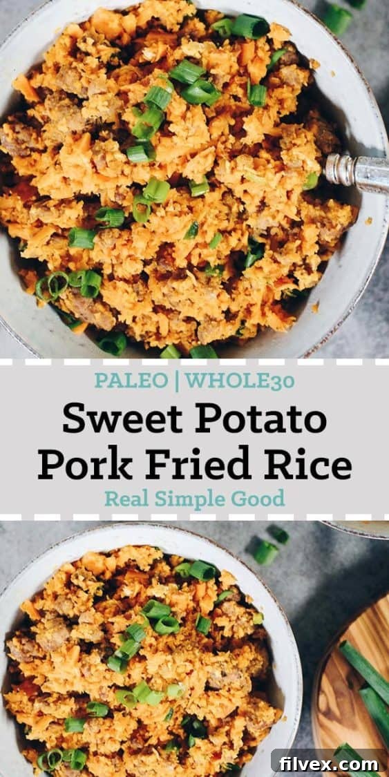 A delicious twist on pork fried rice, both Paleo and Whole30 compliant! This sweet potato pork fried rice is a unique recipe with tons of flavor. #paleo #whole30meals #recipe | realsimplegood.com