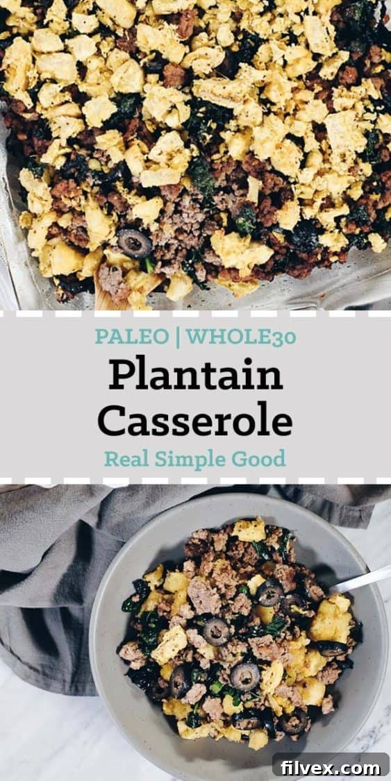 The perfect Paleo and Whole30 Plantain Casserole recipe for meal prep, featuring a savory blend of ground pork and beef, kale, and mashed plantains. Delicious, healthy, and freezer-friendly. #paleolife #whole30recipe #paleorecipe | realsimplegood.com