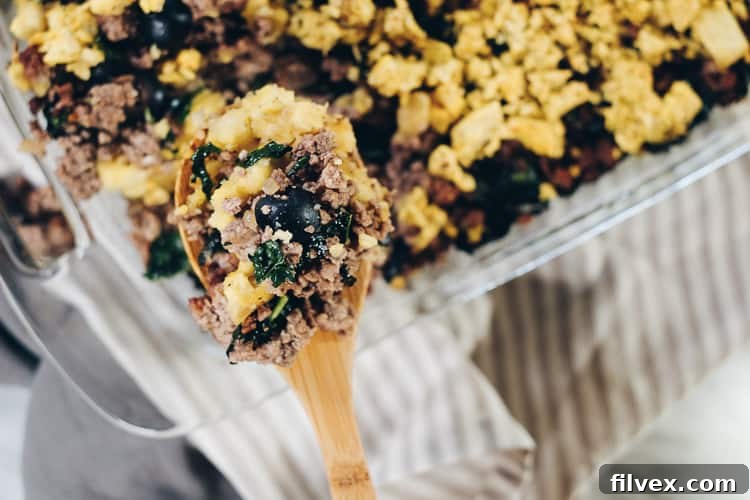 The perfect weeknight solution: a Paleo and Whole30 Plantain Casserole, a savory blend of plantains, pork, beef, and kale. Ideal for meal prep and delicious leftovers. #paleolife #whole30recipe #paleorecipe | realsimplegood.com
