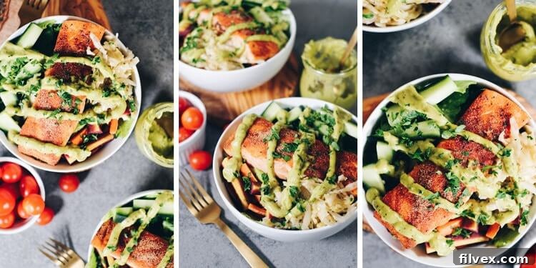 Collage image of salmon salad bowls showing the final dish and ingredients