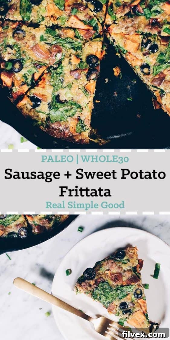 This Paleo + Whole30 sausage and sweet potato frittata is filling and full of the delicious flavors of sausage, sweet potatoes, olives and green onions. It will keep you going all morning! #paleo #whole30 #glutenfree #dairyfree #breakfast | realsimplegood.com