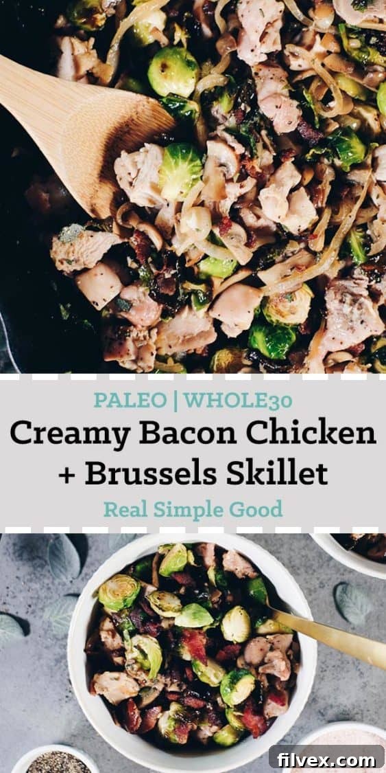 Pin this Paleo + Whole30 Creamy Bacon Chicken and Brussels Sprouts Skillet recipe for later. A delicious dairy-free and gluten-free dinner idea. #paleolife #whole30 #recipe #dairyfree #glutenfree | realsimplegood.com
