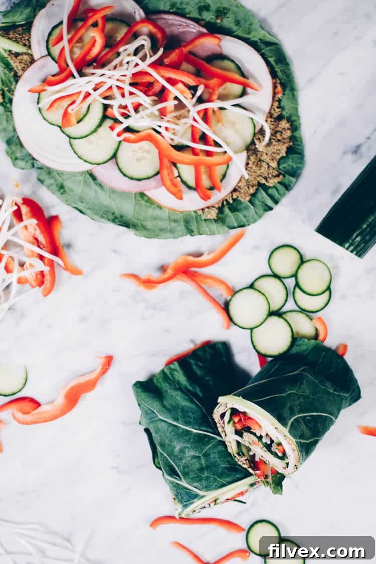 Freshly prepared turkey collard green wraps, showcasing vibrant ingredients and a healthy, satisfying meal. These wraps are Paleo and offer a Whole30 compliant option, ideal for clean eating.