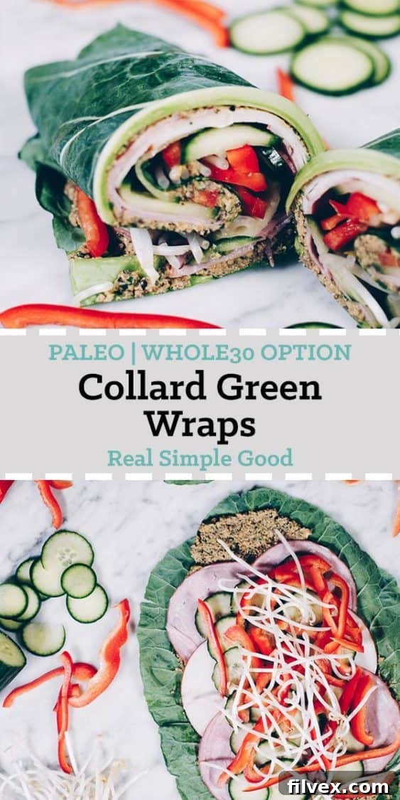 Two perfectly rolled collard green wraps, showcasing their attractive presentation and healthy ingredients, ready for a delicious meal or healthy snack.