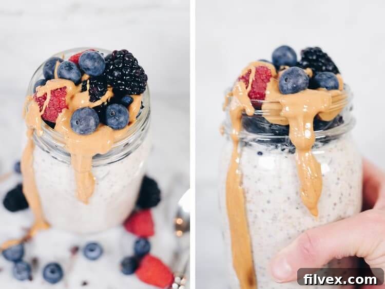 A glass jar of Paleo Overnight Oats layered with blueberries and banana slices, highlighting the delicious texture and healthy ingredients. This image showcases a vibrant, nutritious breakfast option.