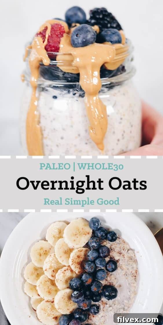 A vibrant bowl of Paleo Overnight Oats topped with an assortment of fresh berries, nuts, and a touch of maple syrup, representing a healthy and delicious start to the day.