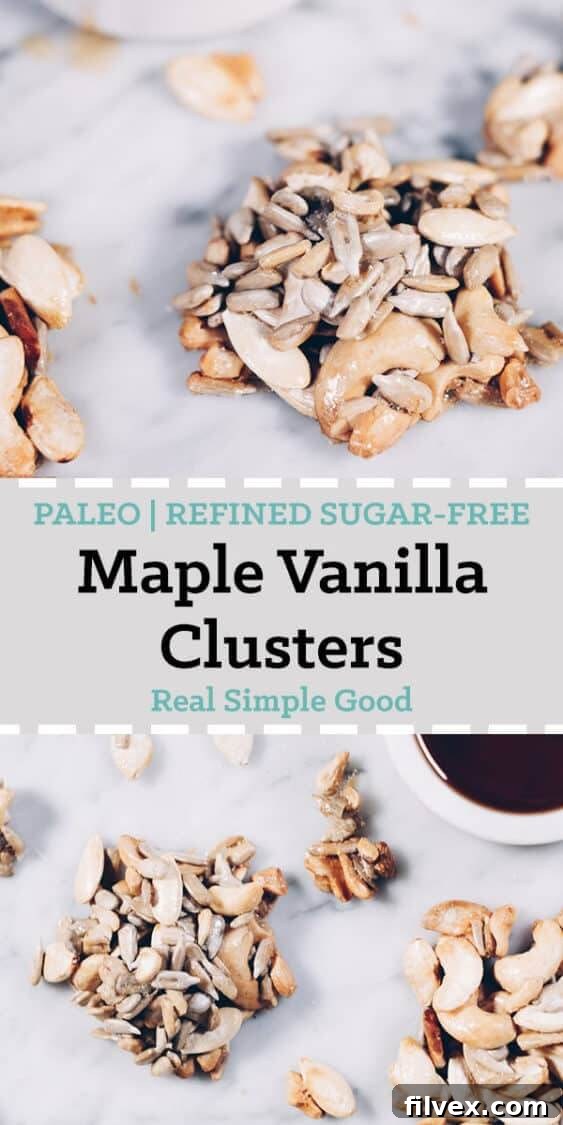 A close-up shot of the Paleo Maple Vanilla Clusters, emphasizing their delightful crunch and natural ingredients. Refined sugar-free goodness!