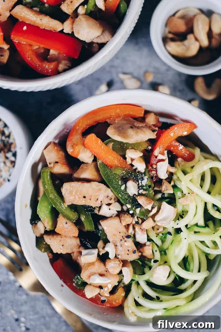 Vibrant Teriyaki Chicken Zoodles Bowl with homemade maple syrup sauce