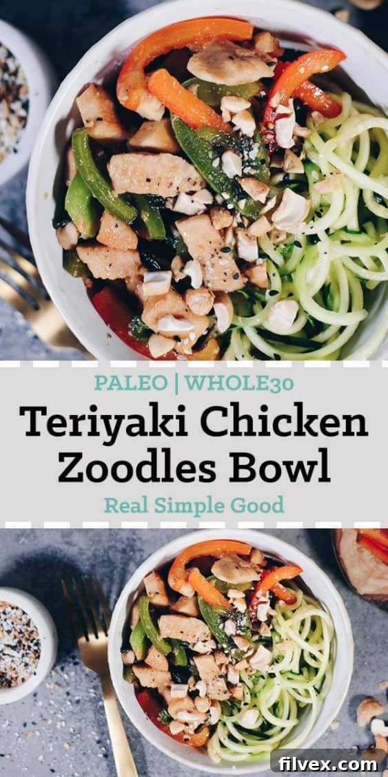 Delicious and healthy Teriyaki Chicken Zoodles Bowl ready to serve