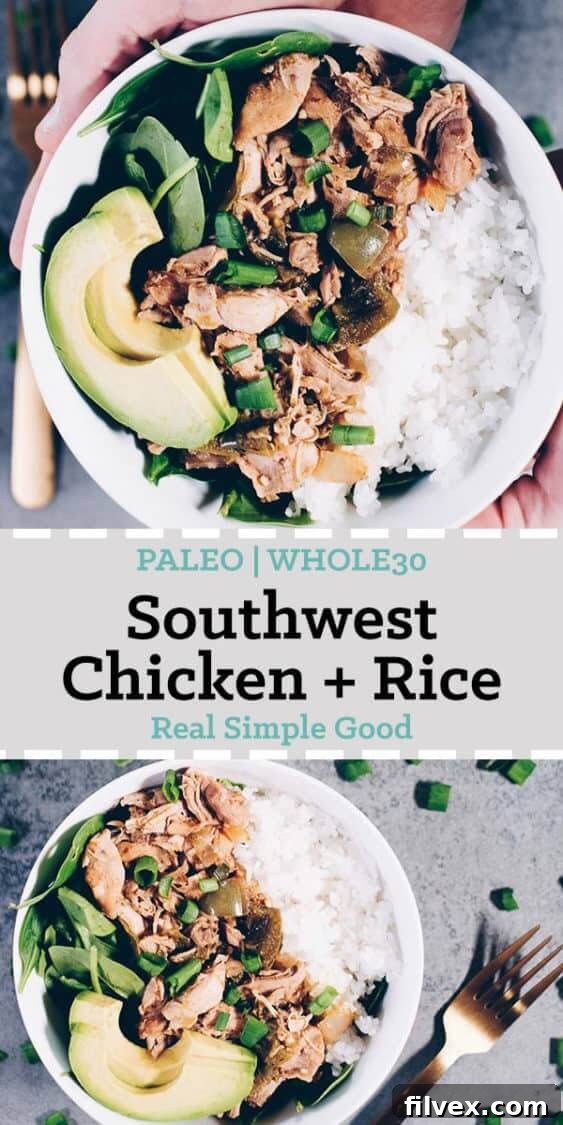 split image of southwest chicken bowls with text in the middle