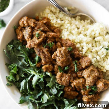 Easy Curry Beef Bowl with greens and cauliflower rice
