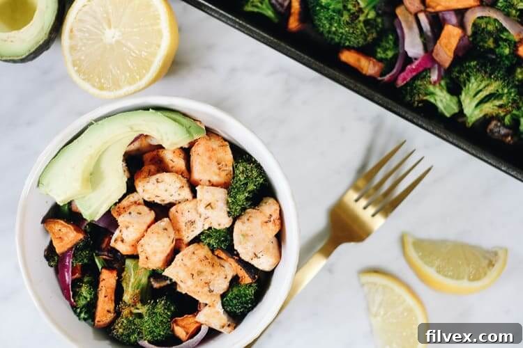 Flavorful Paleo and Whole30 chicken sweet potato bake with fresh vegetables and a hint of citrus. Perfect for a healthy sheet pan meal. #paleo #whole30 #sheetpan #onepan | realsimplegood.com