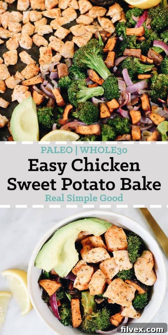 Overhead shot of a full sheet pan with roasted Paleo and Whole30 chicken, sweet potatoes, broccoli, and red onion, ready to serve. #paleo #whole30 #sheetpan #onepan | realsimplegood.com