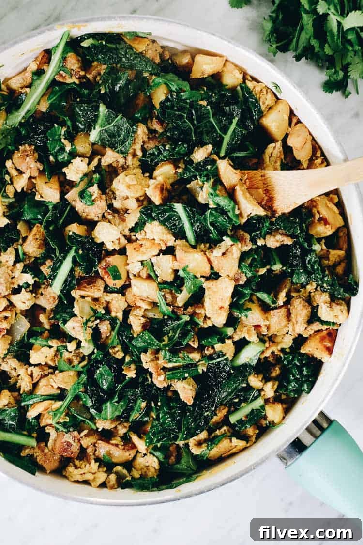 A delicious skillet of Chorizo and Eggs hash, ready to serve for a wholesome Whole30 breakfast.