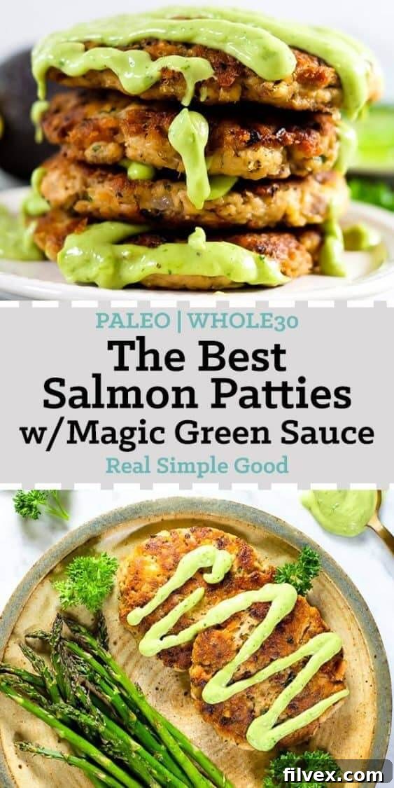 Long pin image for Pinterest showing stacked salmon patties with magic green sauce, a plated serving with asparagus, and parsley garnish.