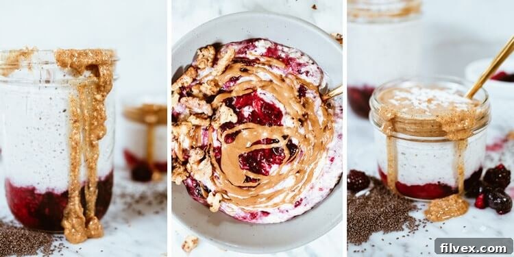 Healthy "PB" and Jelly Overnight Oats collage, showcasing the delicious and easy meal prep breakfast option that is Paleo, grain-free, dairy-free, and refined sugar-free.