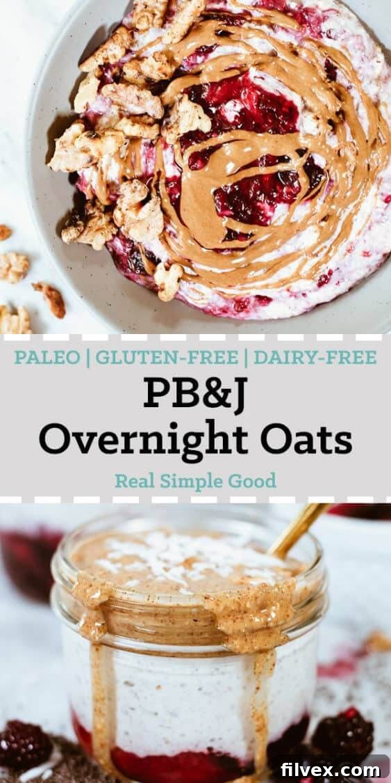 A long vertical Pinterest image of healthy "PB" and Jelly Overnight Oats, perfect for pinning and sharing.