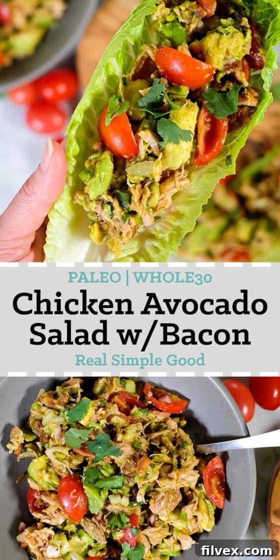 A vibrant bowl of creamy chicken avocado salad with crispy bacon bits, fresh cilantro, red onion, and diced tomatoes. This healthy salad is perfect for Paleo, Whole30, and Keto diets and can be made quickly or prepped ahead for easy meals.