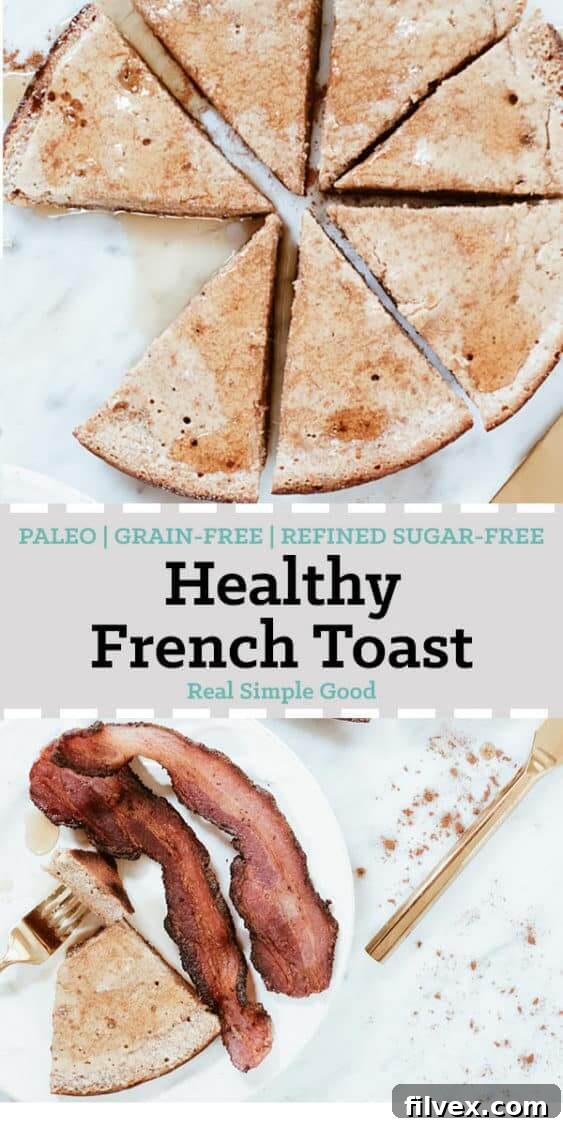 This grain-free healthy french toast recipe is so delicious, you won't believe it doesn't use bread! It's really just a french toast bake that is super easy to make and ready to eat in about 20 minutes! It's grain-free, refined sugar-free and Paleo friendly! | realsimplegood.com #paleo #paleobreakfast #grainfree