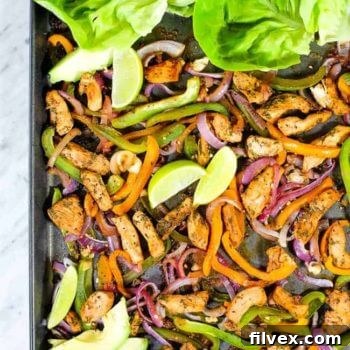 overhead shot of chicken fajita bake with lime and lettuce