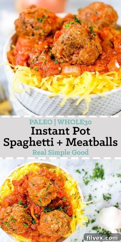 Instant Pot spaghetti and meatballs with parsley and garlic long pin for pinterest. 