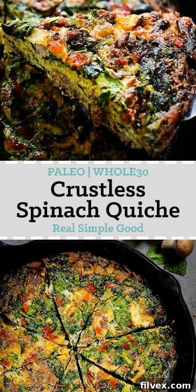 Long image of crustless spinach quiche for Pinterest with text overlay highlighting dairy-free and Paleo attributes