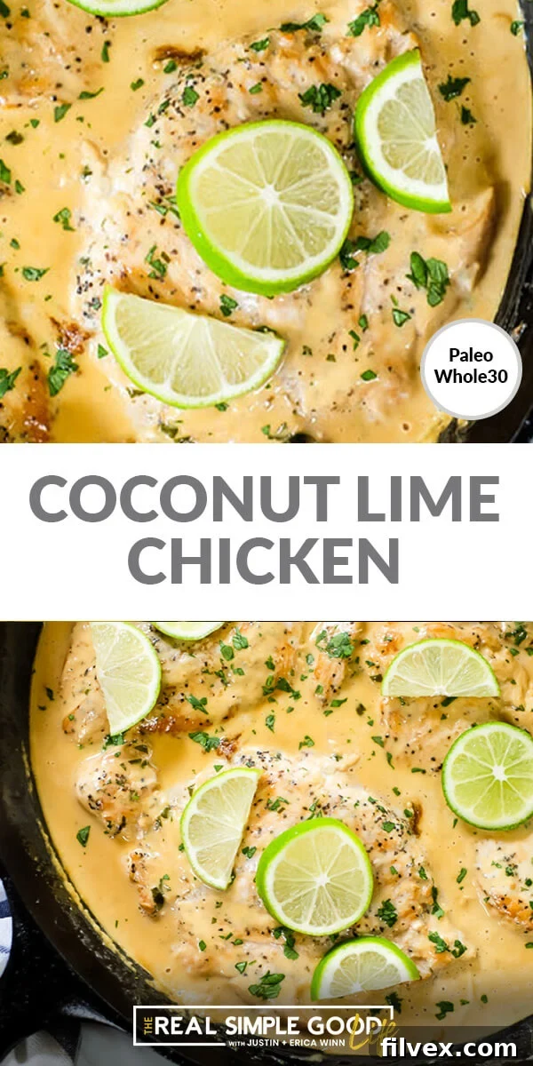 split image with text in middle close up overhead image of coconut lime chicken in a skillet both top and bottom