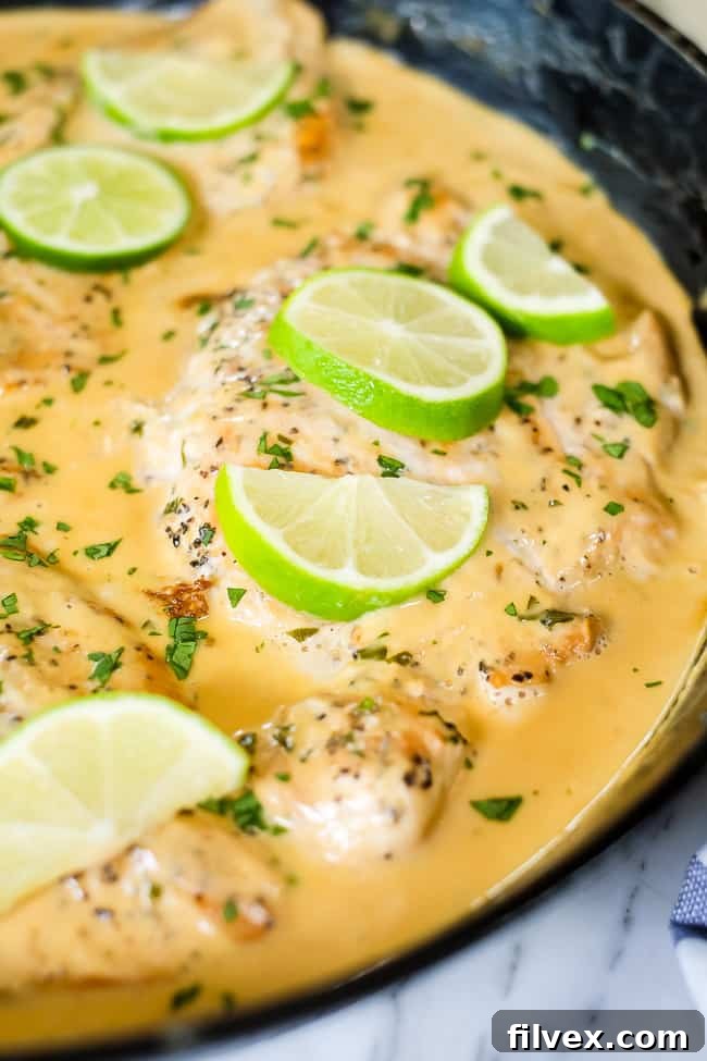 This Paleo and Whole30 friendly coconut lime chicken is so flavorful, fresh and satisfying! Coconut lime chicken in cast iron skillet with lime wedges and cilantro on top. 