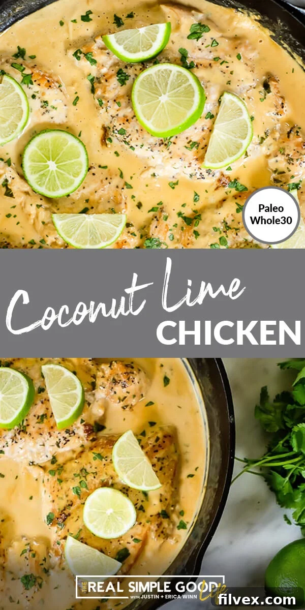 Split image with text in middle. Close up of chicken in a skillet with sauce on top and entire skillet with chicken and limes on bottom.