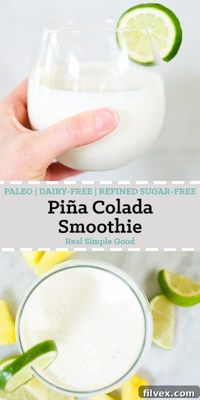 Long pin for Pinterest of this paleo, dairy-free and refined sugar free Piña Colada Smoothie, perfect for healthy summer refreshment.