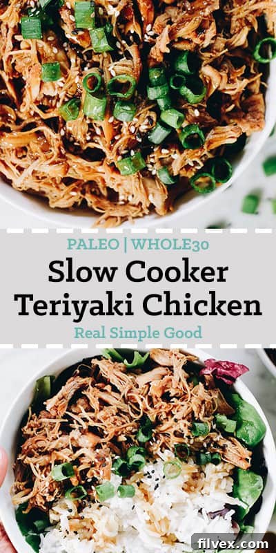 A beautifully presented bowl of Slow Cooker Teriyaki Chicken, garnished with green onions and sesame seeds, ready to be enjoyed as a healthy, easy meal.