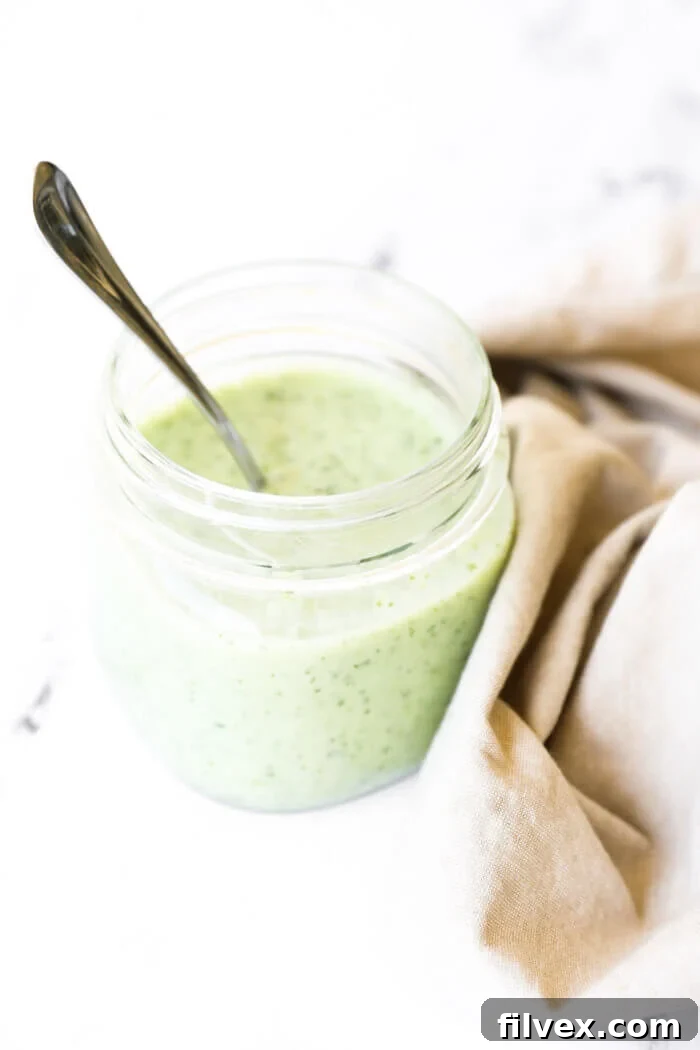 Close-up of a bowl of creamy dairy-free tzatziki sauce, garnished with fresh dill and cucumber slices, emphasizing its inviting texture and freshness.