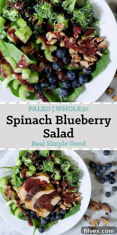 Spinach blueberry salad topped with chicken long pin.