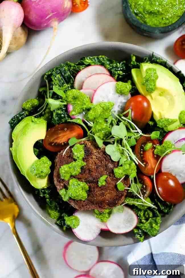 Various angles of a delicious Pesto Burger Salad, showcasing the diverse toppings and overall appeal of this healthy bowl meal.