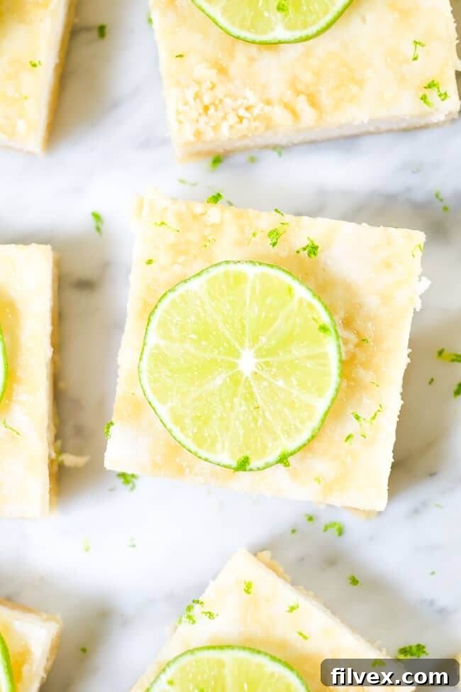 Vibrant Paleo lime bars topped with fresh lime zest and thin lime slices, arranged beautifully.