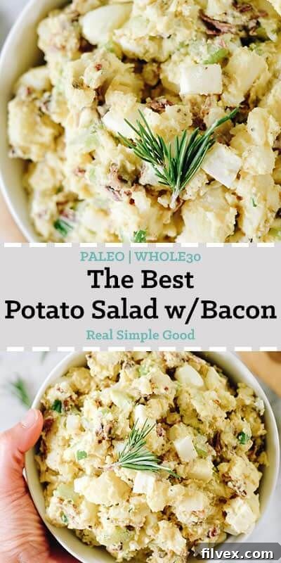 The best potato salad with bacon in a bowl with rosemary long pin