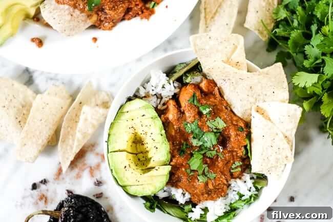 Chicken mole recipe in a bowl with greens, rice, avocado and grain free tortilla chips. Topped with chopped cilantro. 