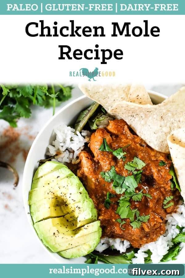 Chicken mole recipe in a bowl with greens, rice, avocado, grain free tortilla chips and chopped cilantro long pin. 