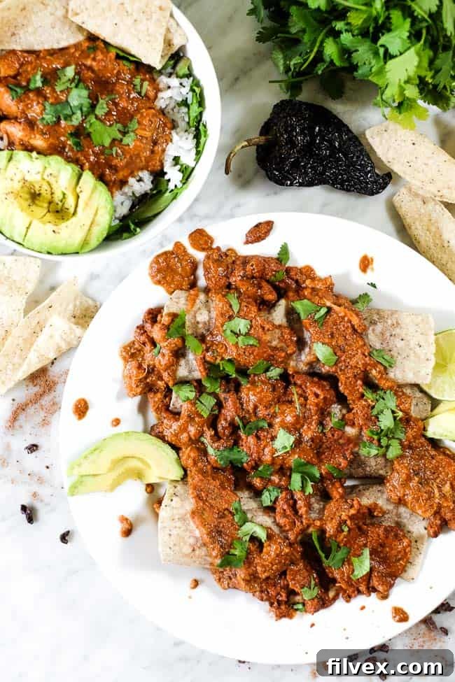 Chicken mole recipe used in enchiladas and topped with more chicken mole, avocado and chopped cilantro. 