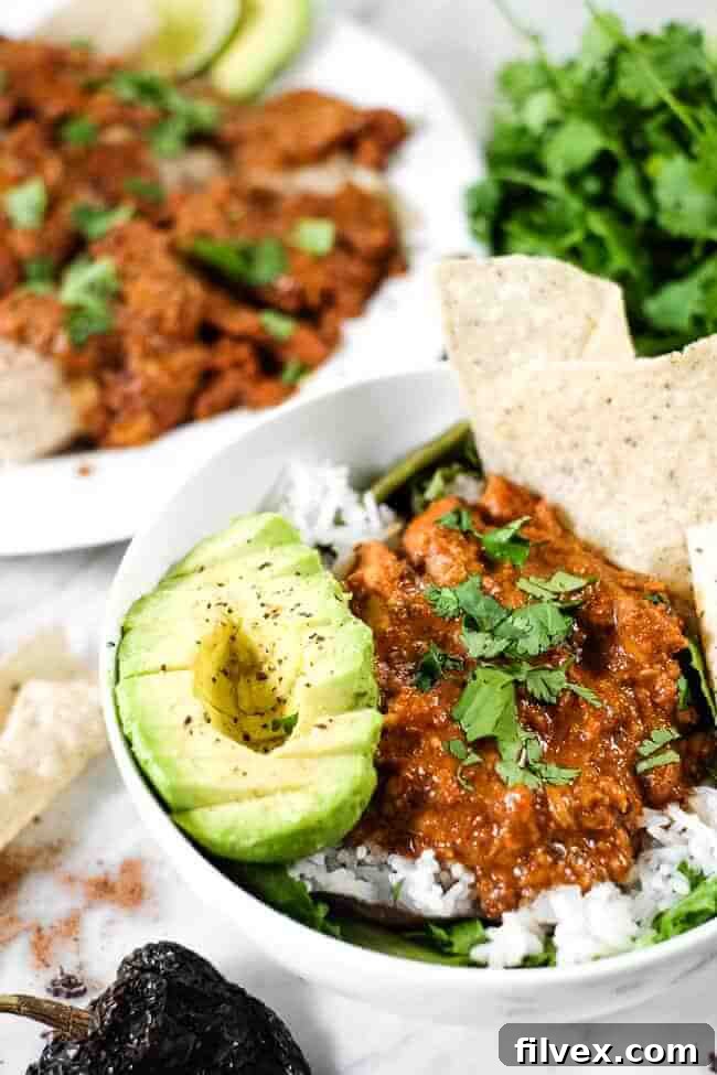 Chicken mole recipe in a bowl with greens, rice, avocado, grain free tortilla chips and chopped cilantro. Enchiladas in the background. 