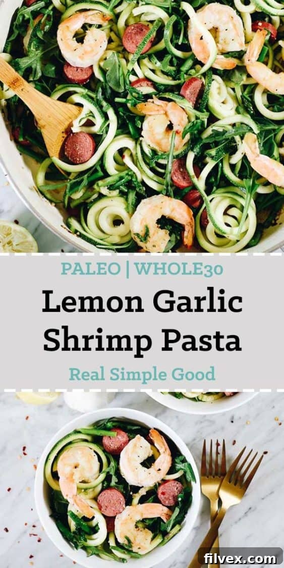 Lemon Garlic Shrimp Pasta close up in skillet and served in a bowl long pin. 