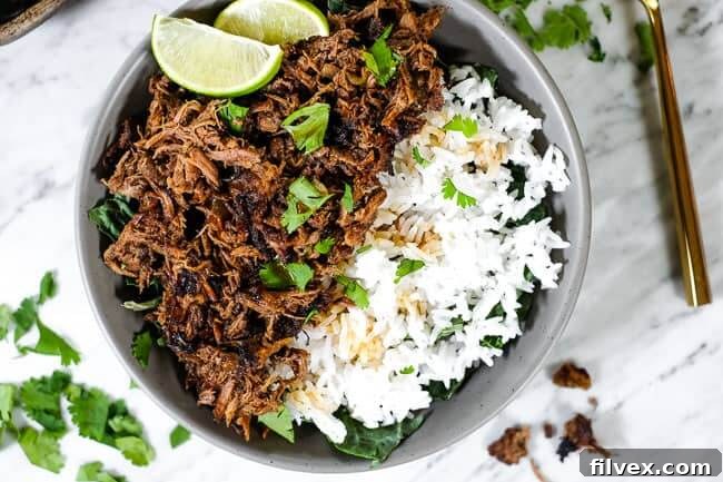 A vibrant overhead horizontal shot of a beef barbacoa bowl, featuring shredded beef, fluffy white rice, fresh greens, and garnished with bright cilantro and zesty lime wedges. A perfect, healthy meal.