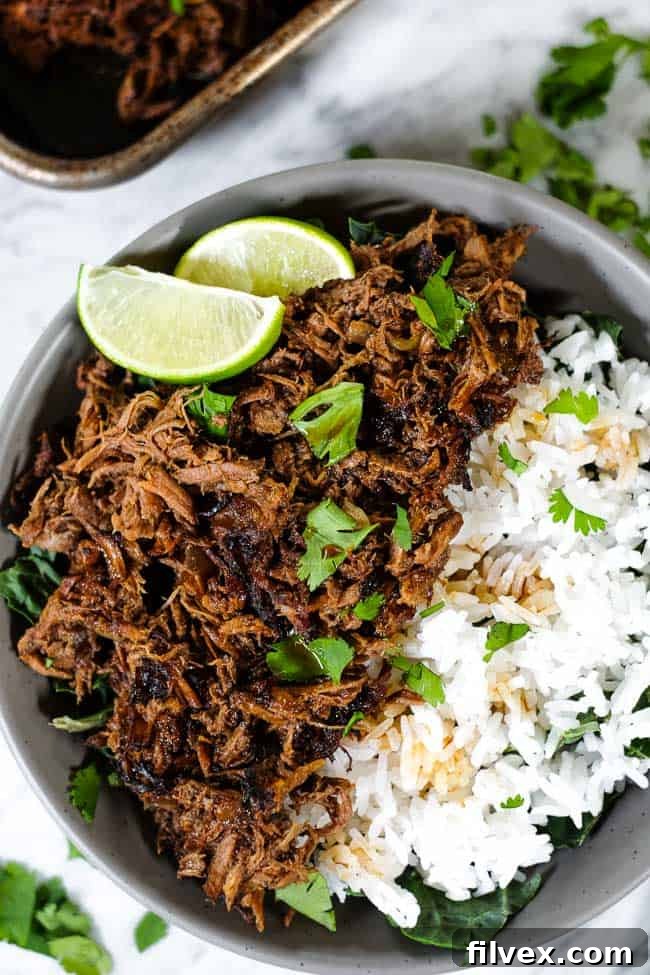 A close-up overhead shot of a delightful beef barbacoa bowl, brimming with fresh greens, fluffy white rice, and perfectly shredded beef. It's elegantly garnished with vibrant cilantro and two bright lime wedges.